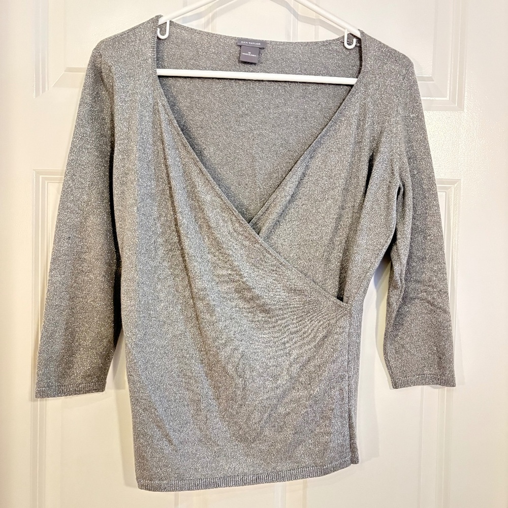 Ann Taylor Silver Metallic V-Neck Sweater